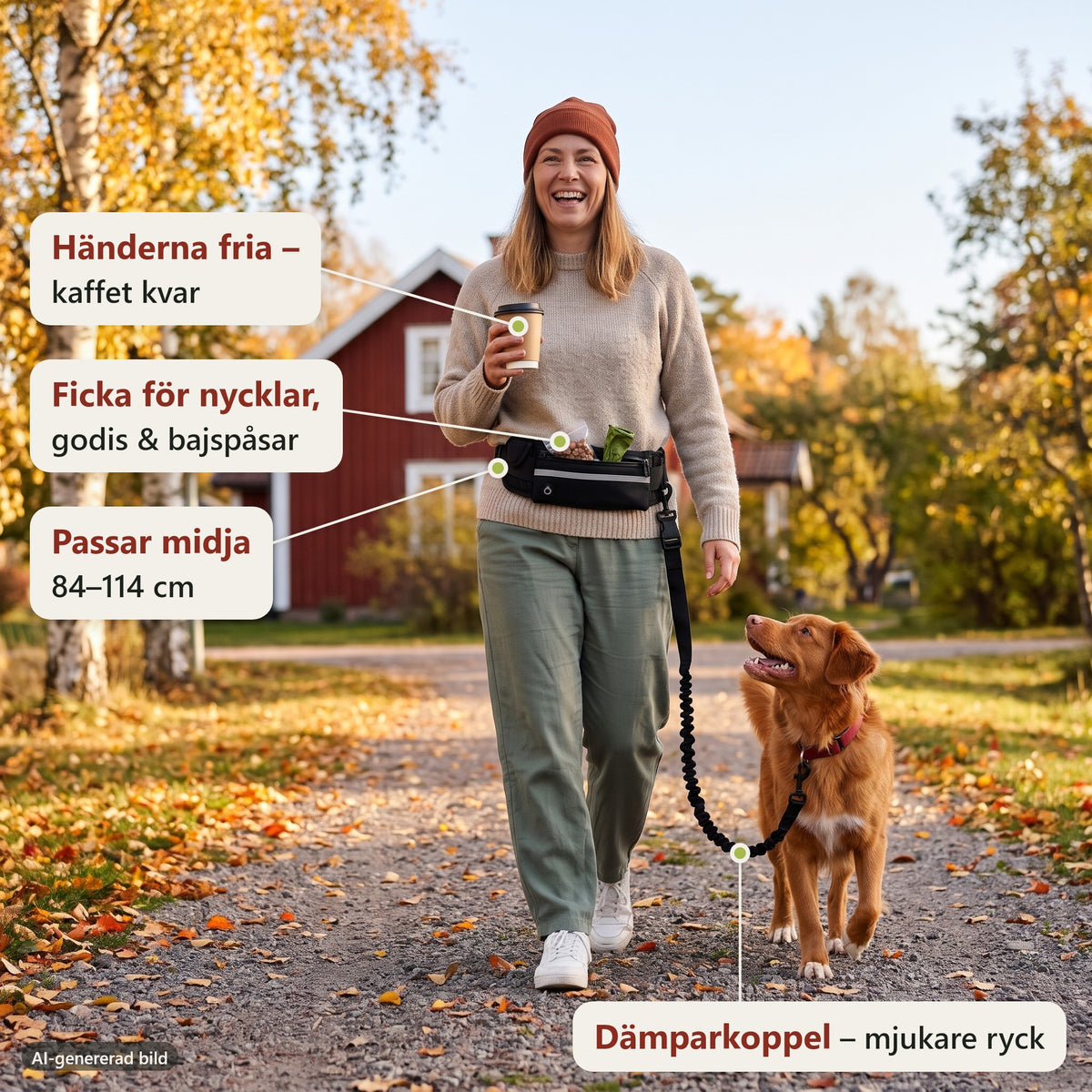 Glad kvinna på höstpromenad med kaffe i handen och svart handsfree-bälte runt midjan, tollaren går i dämparkopplet. Etiketterna visar händerna fria, fickan för nycklar, godis och bajspåsar, midjemåttet 84–114 cm och dämparkopplet (AI-genererad bild)