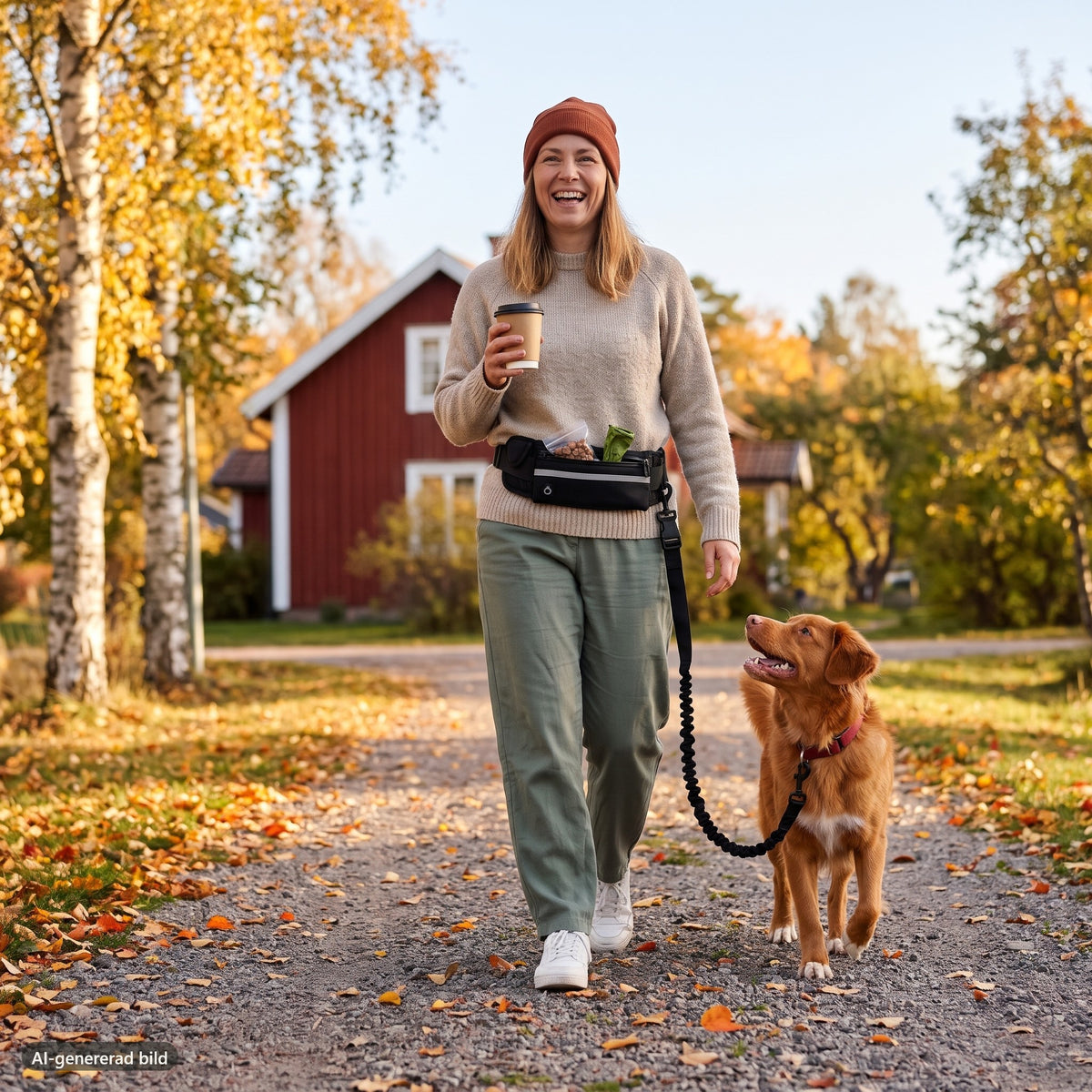 Skrattande kvinna med kaffe på en grusväg bland höstlöv, med svart handsfree-bälte runt midjan och en glad tollare i dämparkopplet; godis och en bajspåse sticker upp ur fickan (AI-genererad bild)