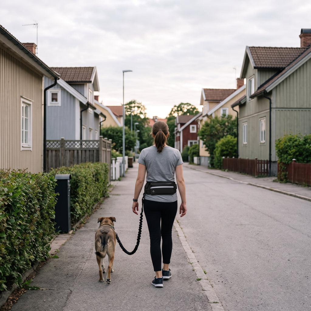 Fria händer på promenad i villagata, handsfree-hundbälte i svart, tom yta upptill