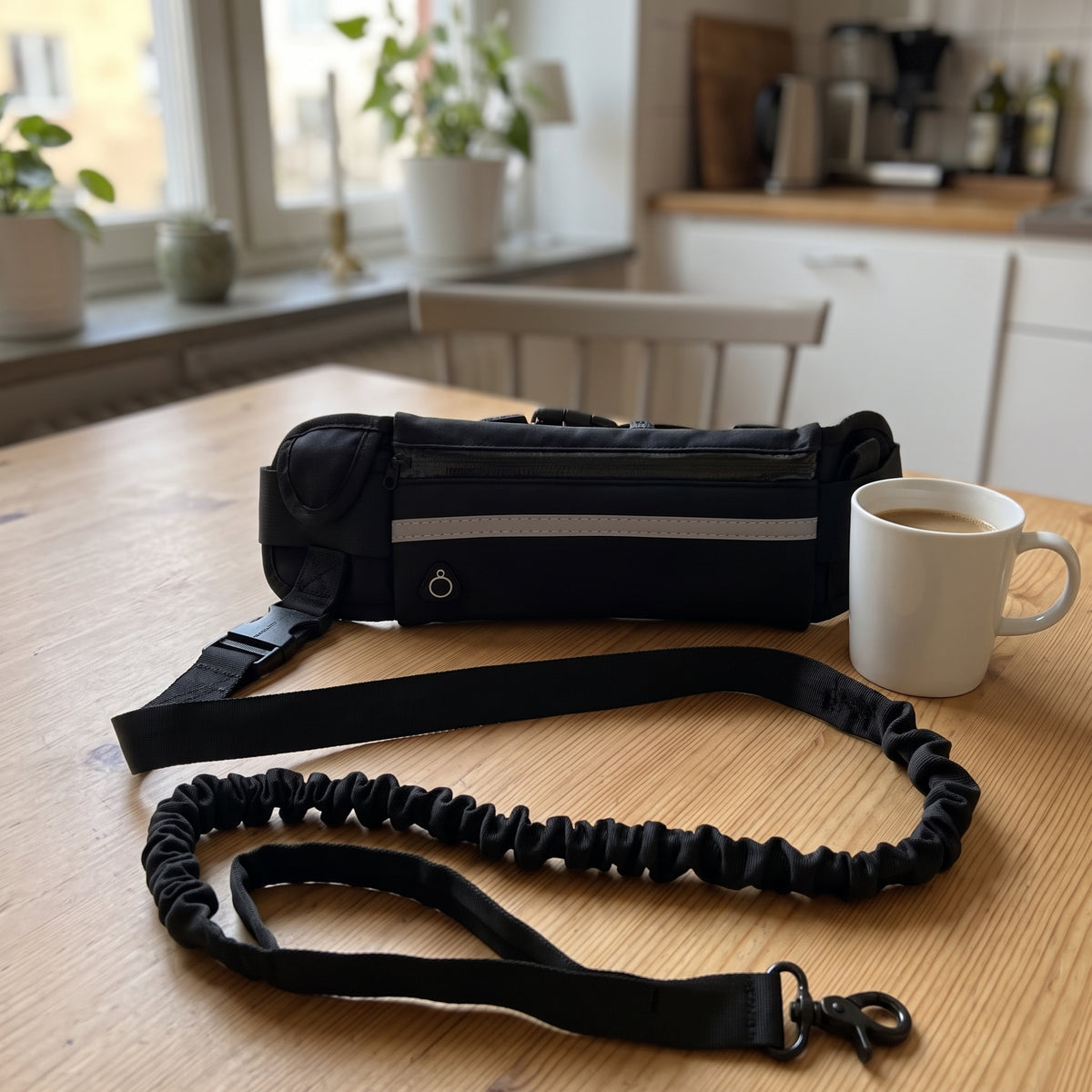 Handsfree-hundbälte i svart bredvid en kaffekopp på ett trävbord, visar ungefärlig storlek