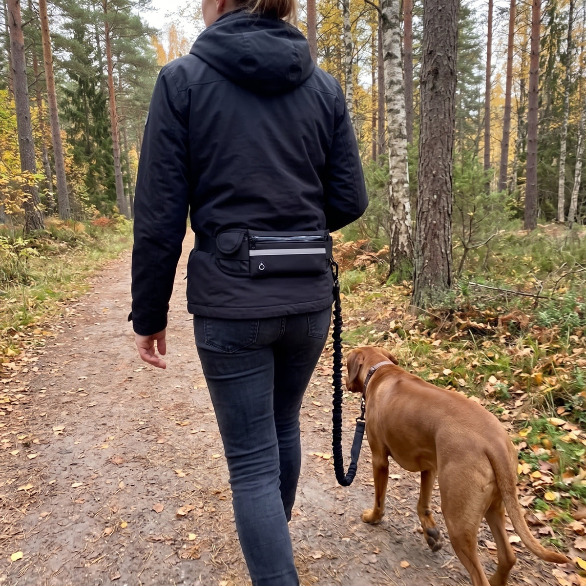 Kvinna med handsfree-bälte och hund i dämparkoppel på en skogsstig bland höstlöv.
