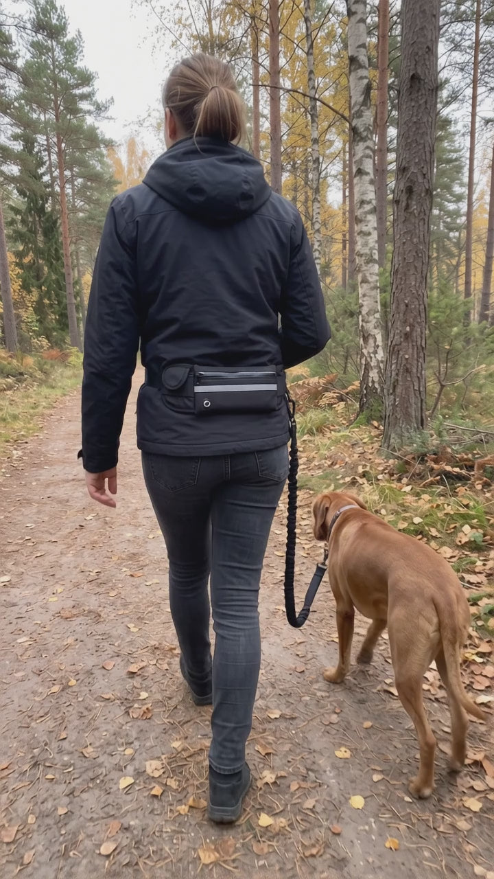 AI-genererad film: promenad med händerna fria i höstskogen, sedd bakifrån