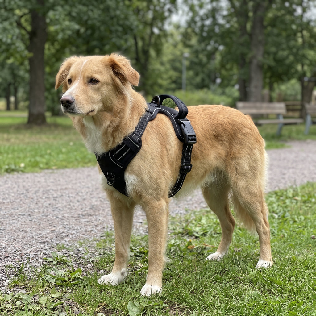 Svart reflekterande hundsele med reflexband, justerbar och lätt, på hund i dagsljus
