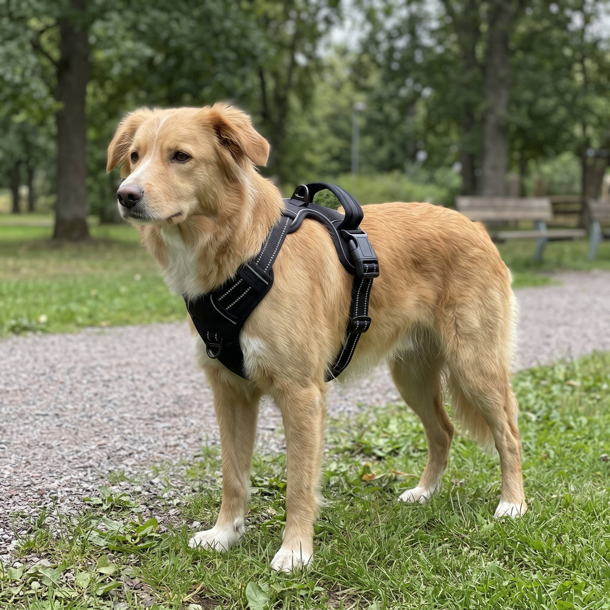 Svart reflekterande hundsele med reflexband, justerbar och lätt, på hund i dagsljus