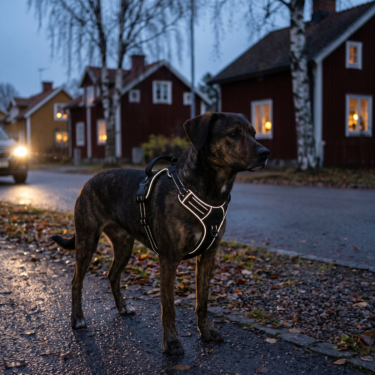 Hund i svart sele på en gata med röda trähus i skymningen. Selens reflexkanter lyser i billjuset.
