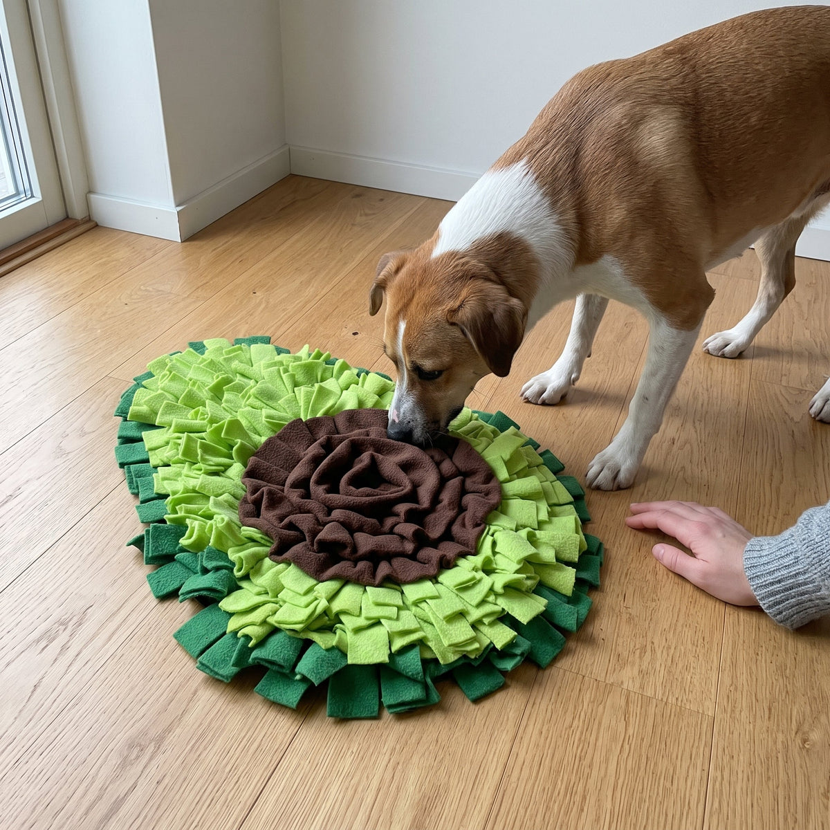 Avokadoformad snuffelmatta i grön fleece på ett svenskt trägolv, en glad hund nosar i flikarna